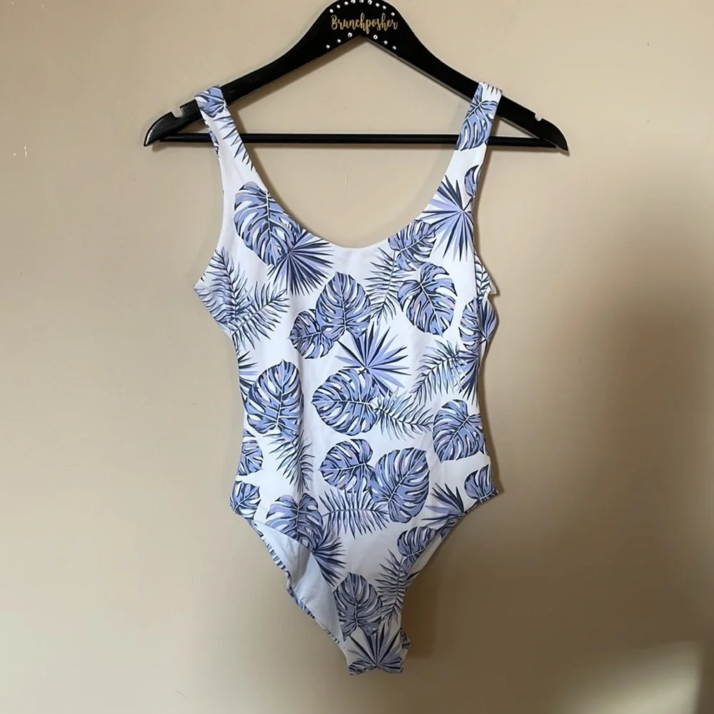 Onia Kelly One Piece White Blue Tropical Plant Print Low Back Bathing Suit
